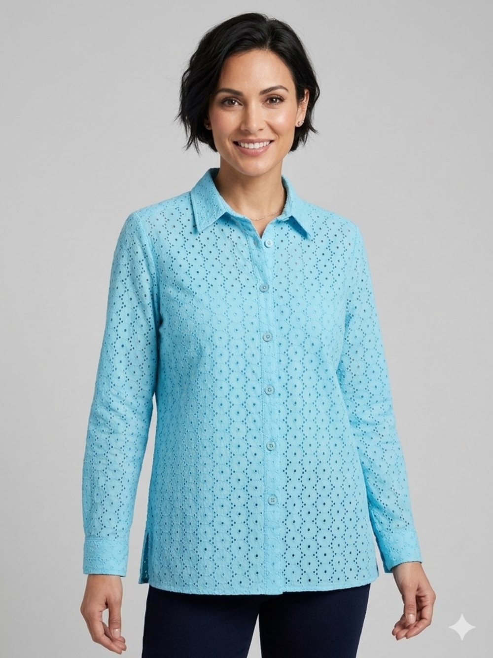 Appleseed’s Eyelet Button Up Shirt Aqua Blue Cotton Blouse Women’s Size 10